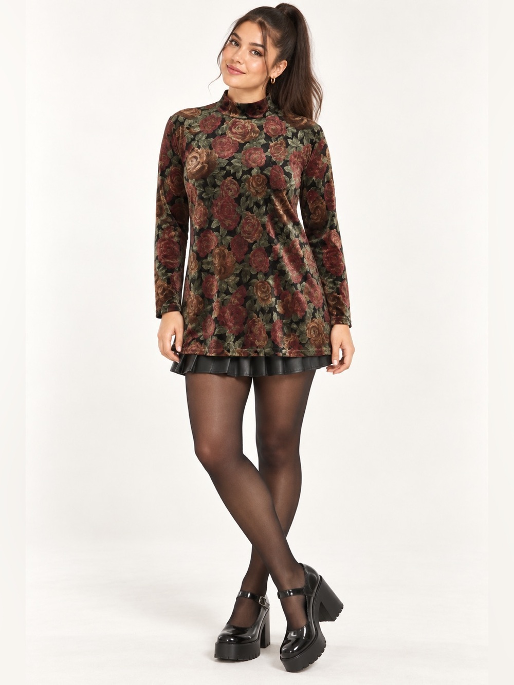 Floral Velvet Mock Neck Tunic Top Women’s Large